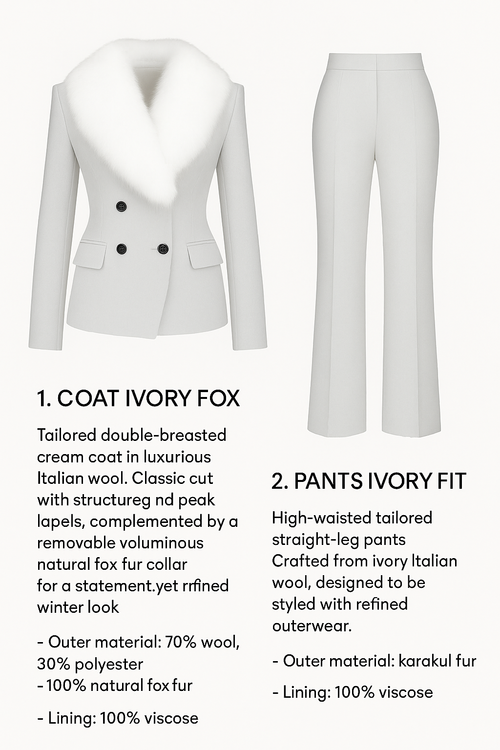 Von Emme – Ivory Wool Suit with Fox Collar
Premium Tailoring Collection