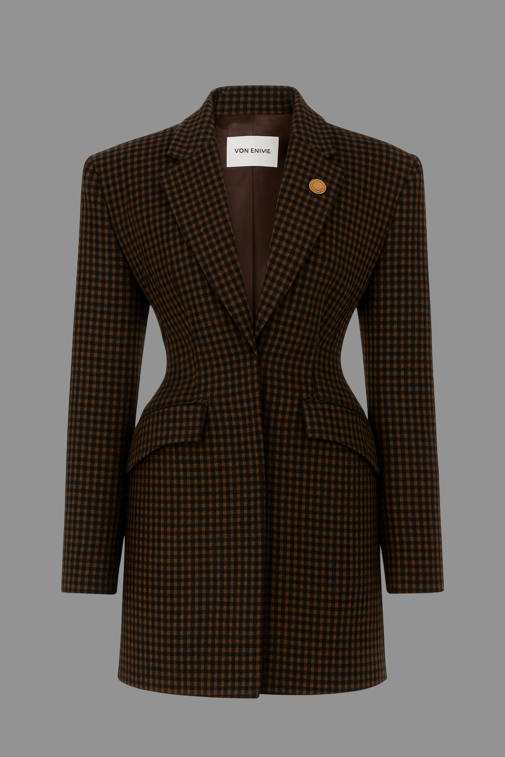 Von Emme brown check wool structured blazer suit for women – corset waist power tailored set