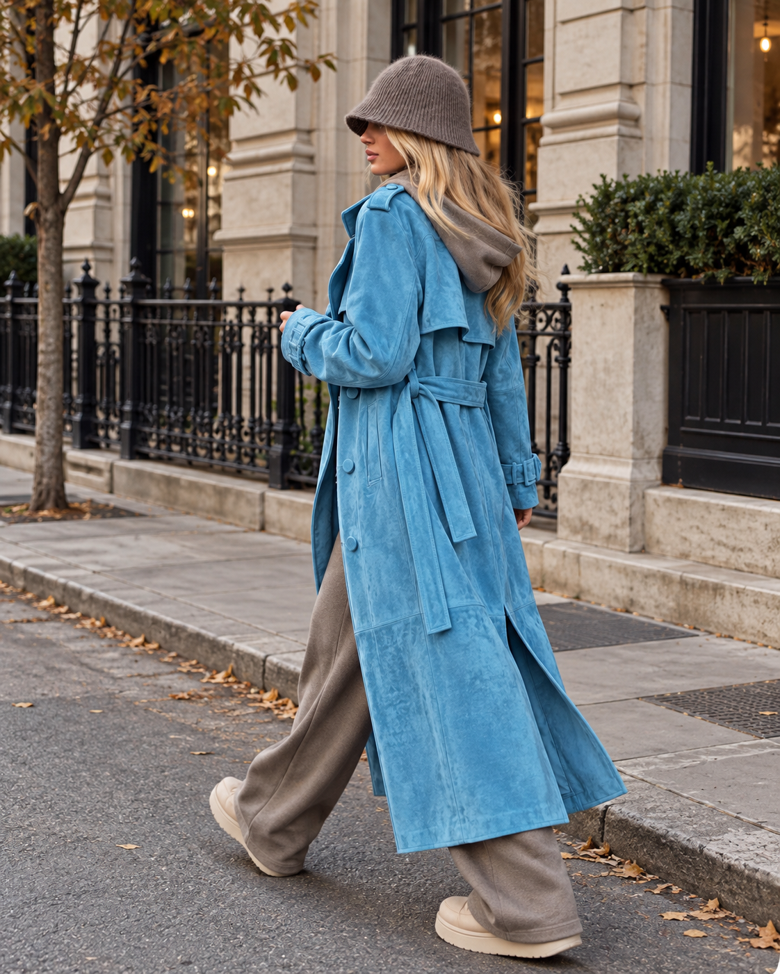THE SKY BLUE SUEDE TRENCH COAT