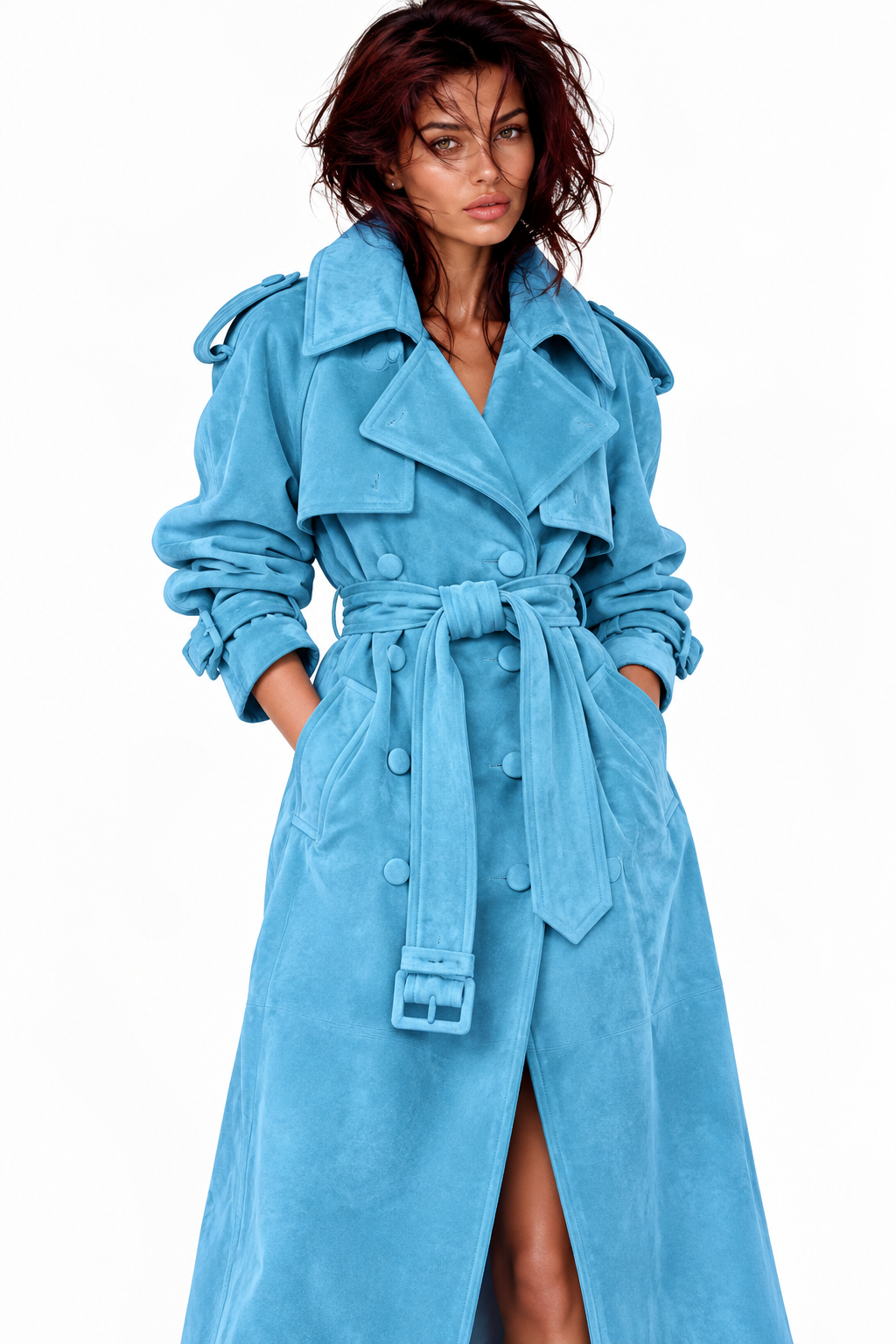 THE SKY BLUE SUEDE TRENCH COAT