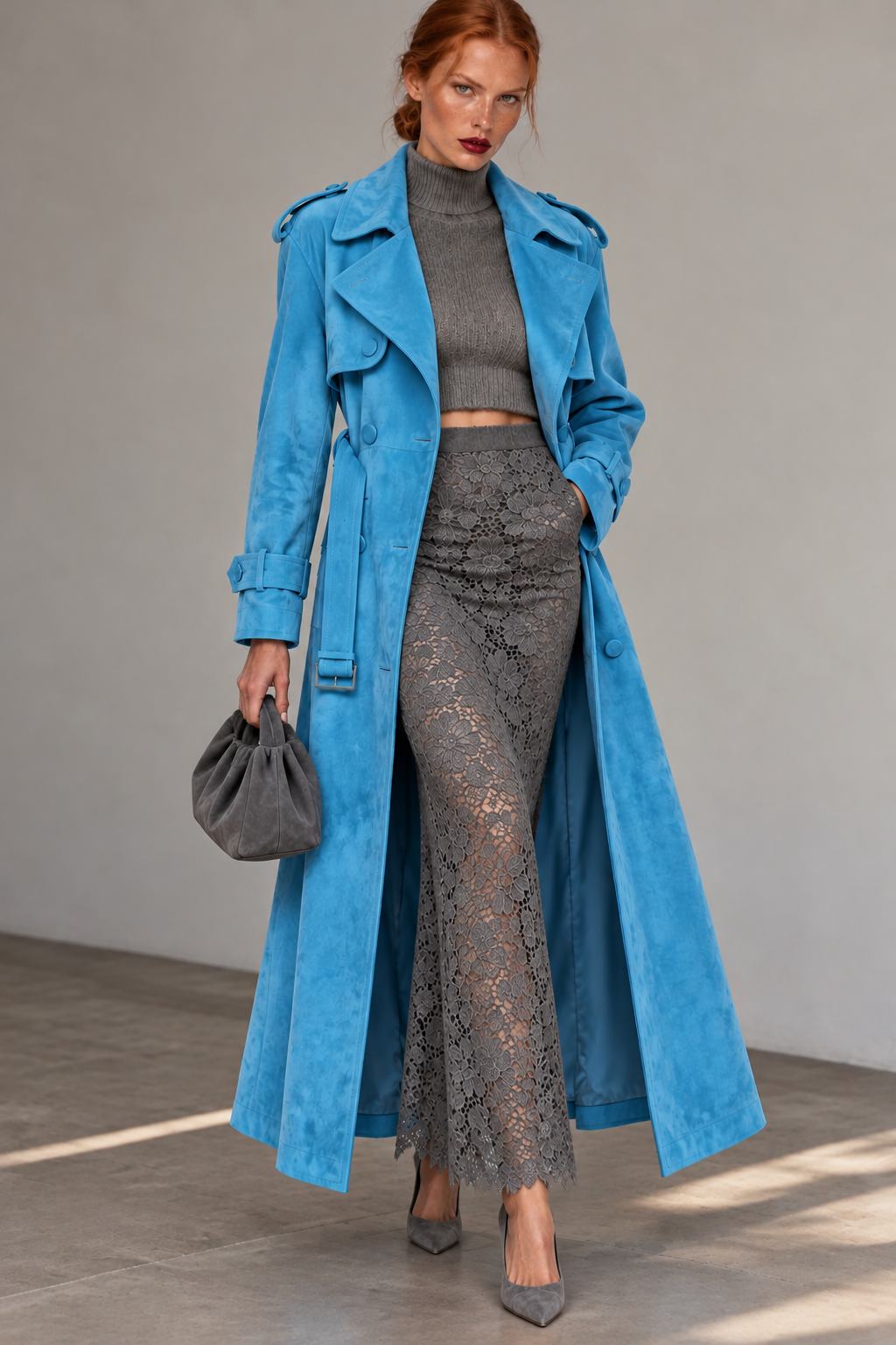 THE SKY BLUE SUEDE TRENCH COAT
