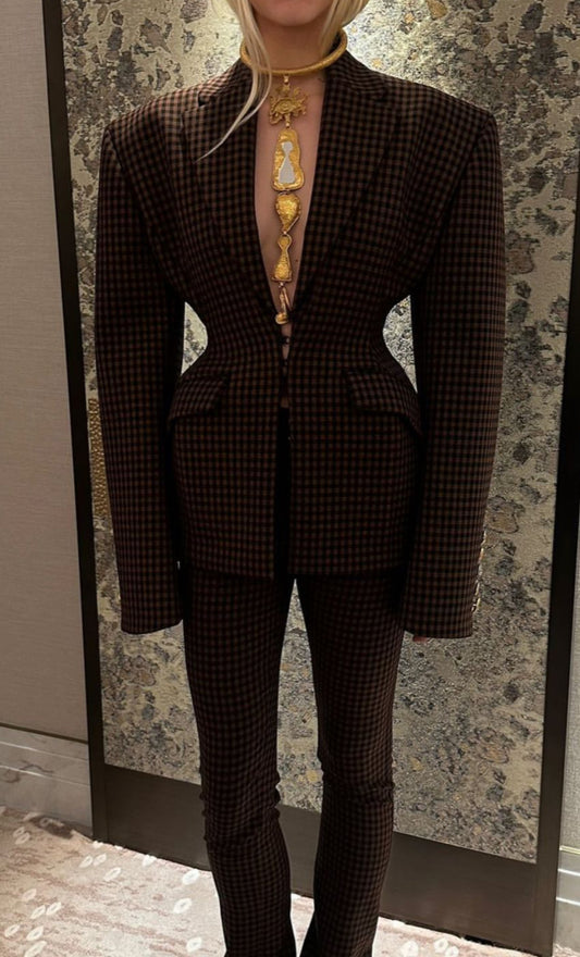 Von Emme brown check wool structured blazer suit for women – corset waist power tailored set