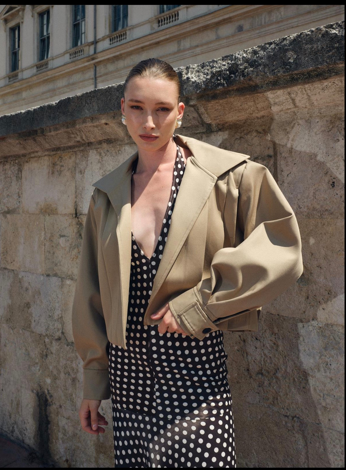 Beige structured cropped gabardine jacket women