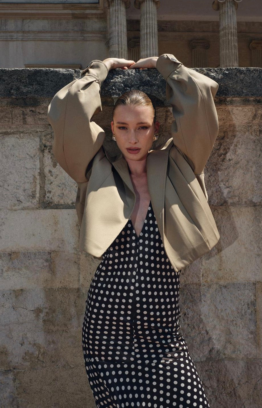 Beige structured cropped gabardine jacket women