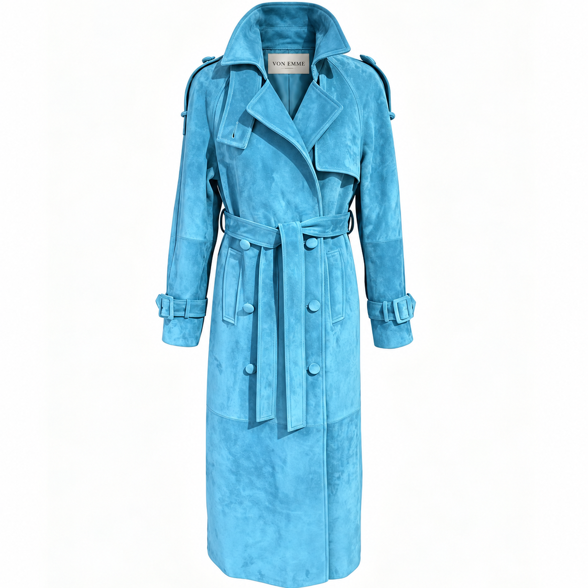 THE SKY BLUE SUEDE TRENCH COAT
